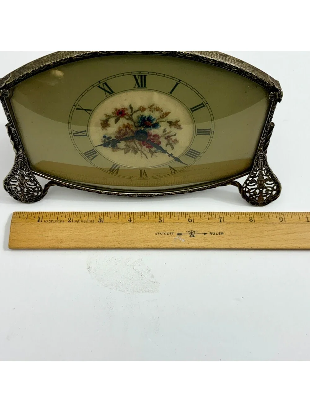 Antique Filigree Brass Table Clock with Floral Petit Point Flowers
